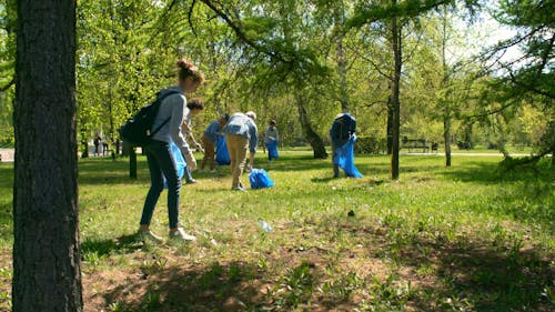 Group Of People Picking Up Trash In A Park