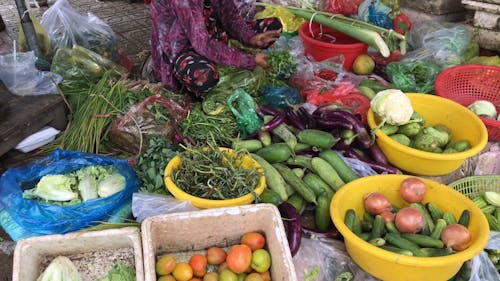 市場で新鮮な野菜を販売するベンダー