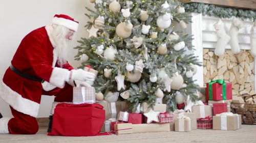 Santa Claus Arranging Gift Boxes Under The Christmas Tree