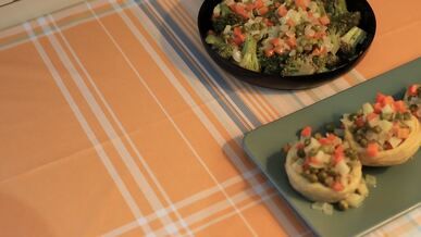appetizing vegetable and dessert spread on table
