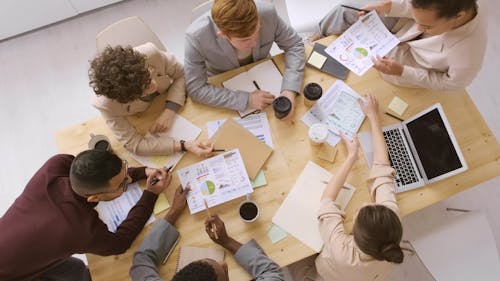 A Group Of People Discussing About Graphs And Charts In A Meeting