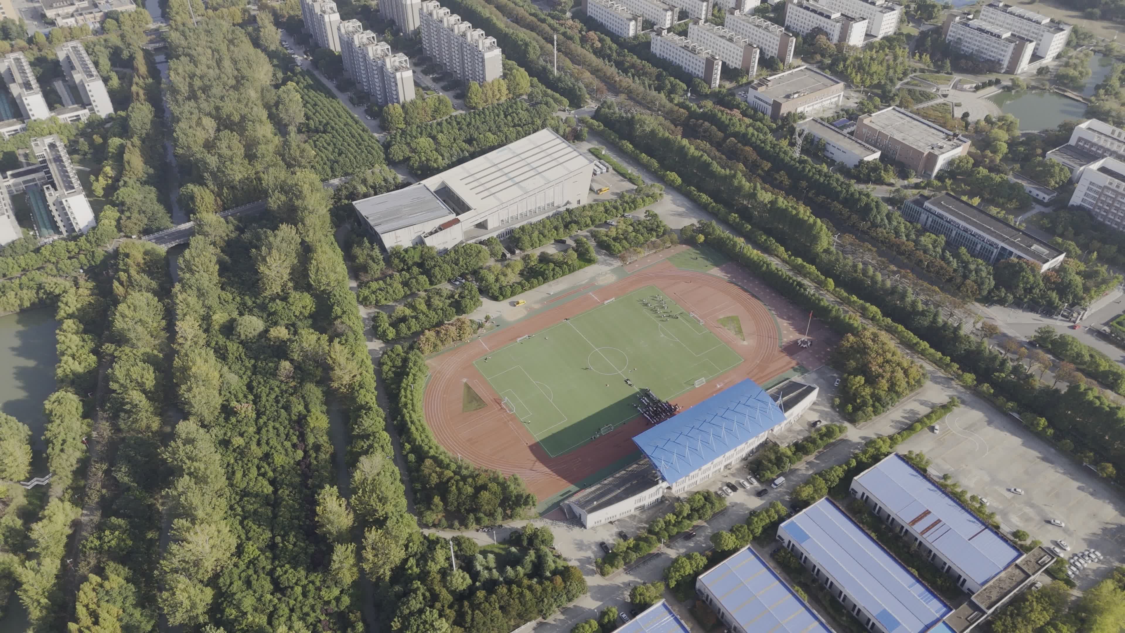 Aerial View of Modern Urban Campus with Sports Field Free Stock Video ...