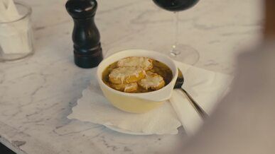 delicious french onion soup with rustic bread