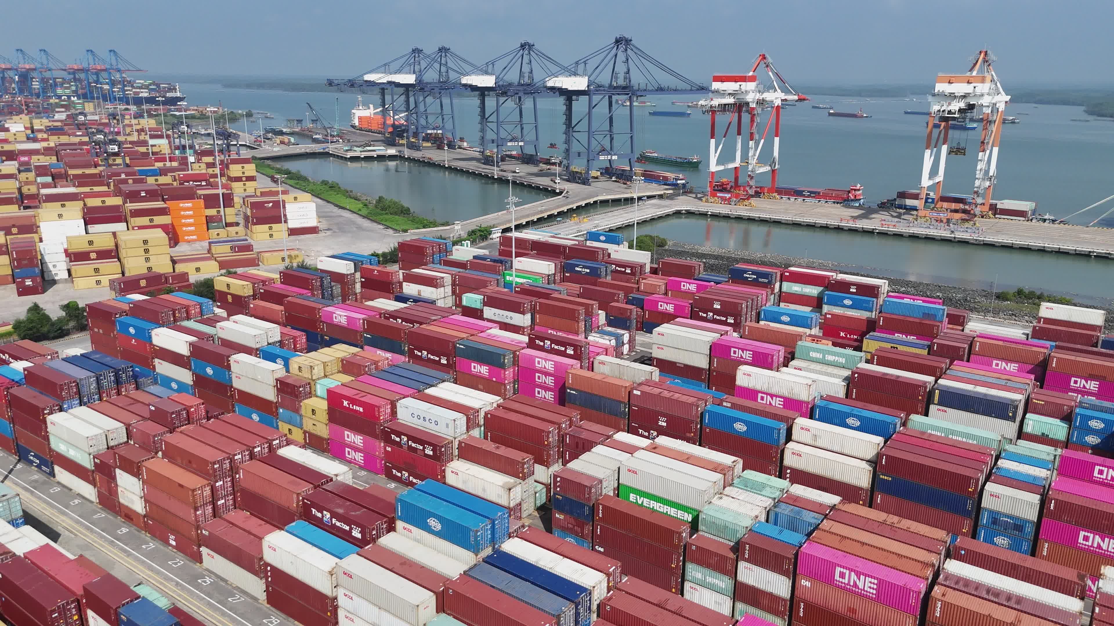 Massive Container Ship Docked at Busy Port Free Stock Video Footage ...