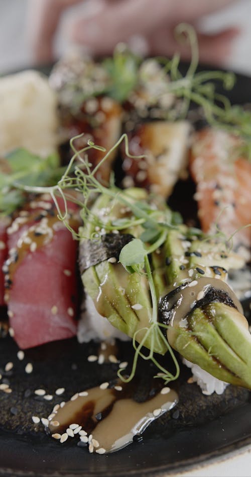 Plating Presentation For A Serving Of Mixed Sushi