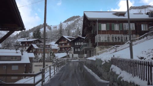 Houses With Snow Along The Road In Winter