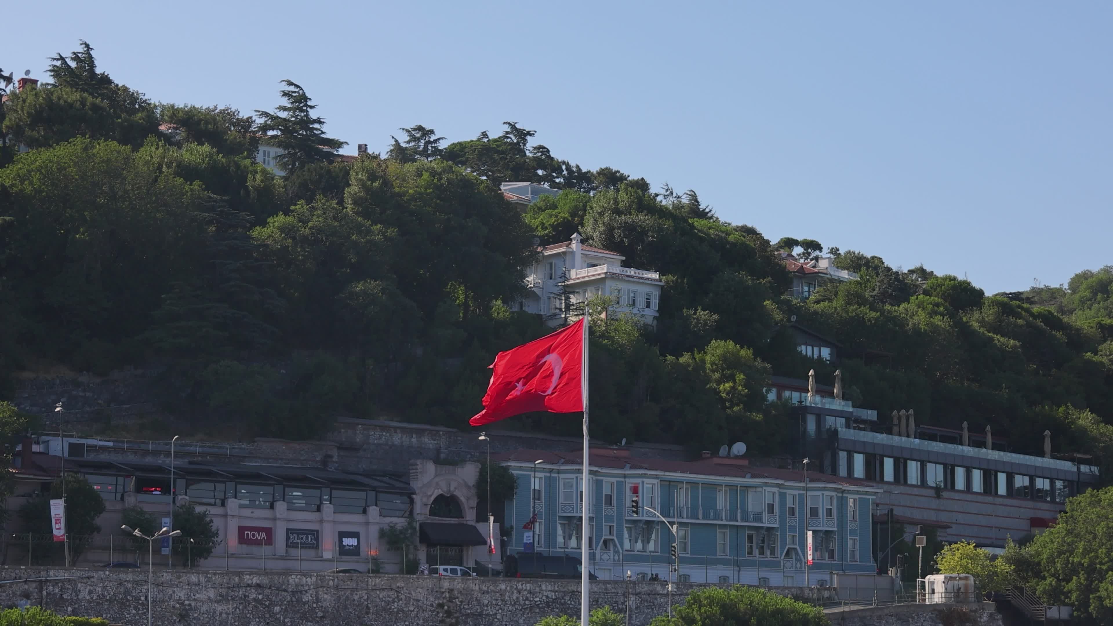Istanbul Bosphorus Waterfront View with Turkish Flag Free Stock Video ...