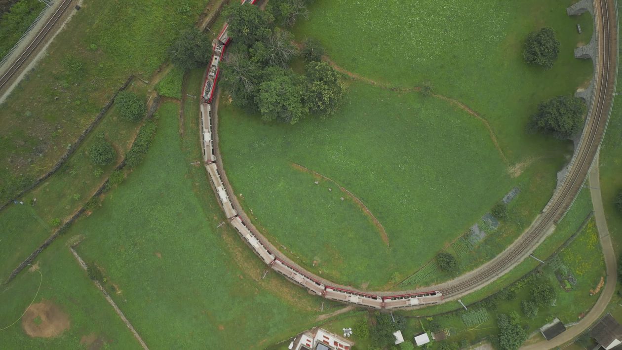 Train View Video Drone View of Swiss Scenic Railway Loop Free Stock Video Footage ...