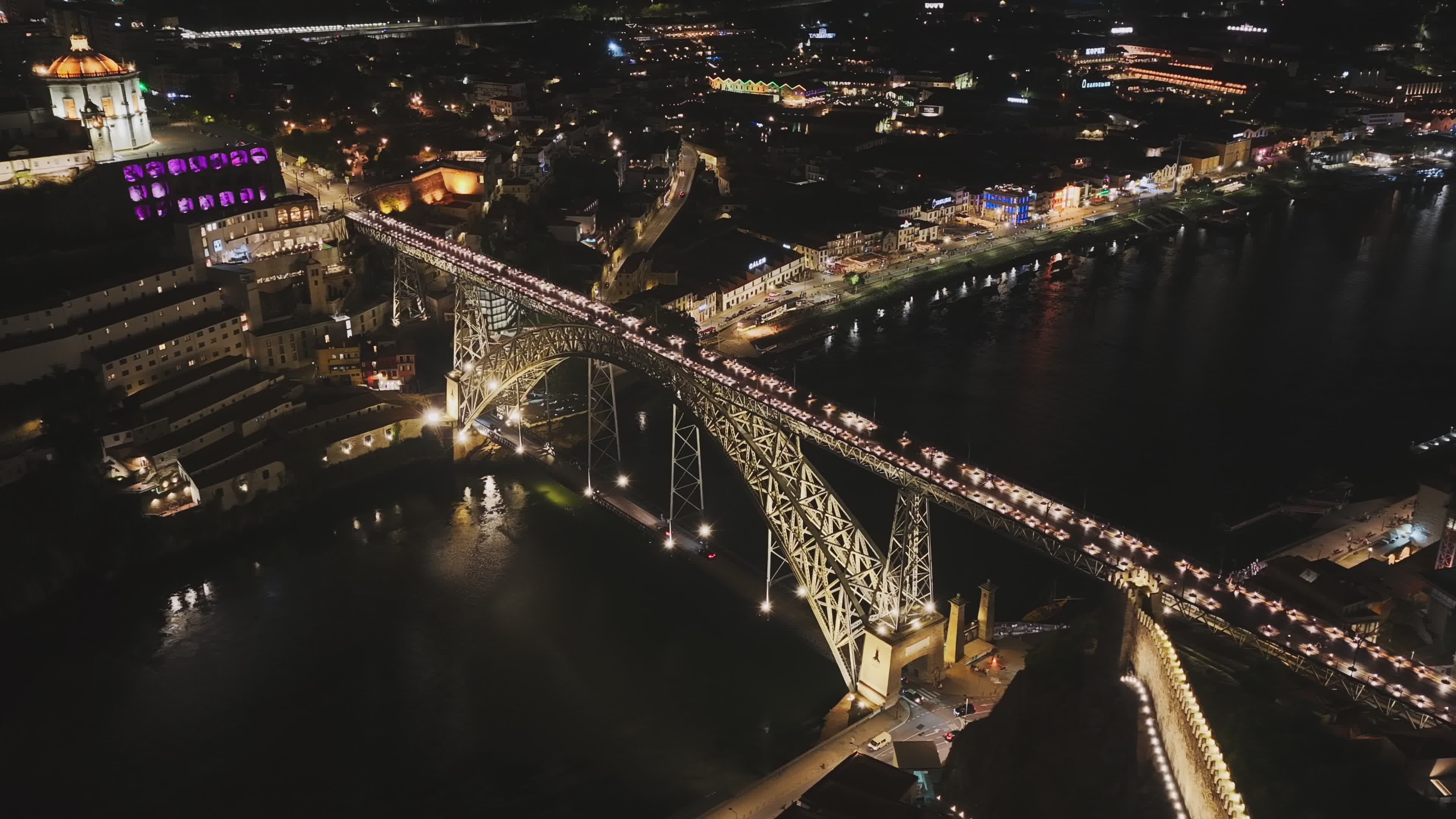 Aerial View of Dom Luís I Bridge at Night Free Stock Video Footage ...