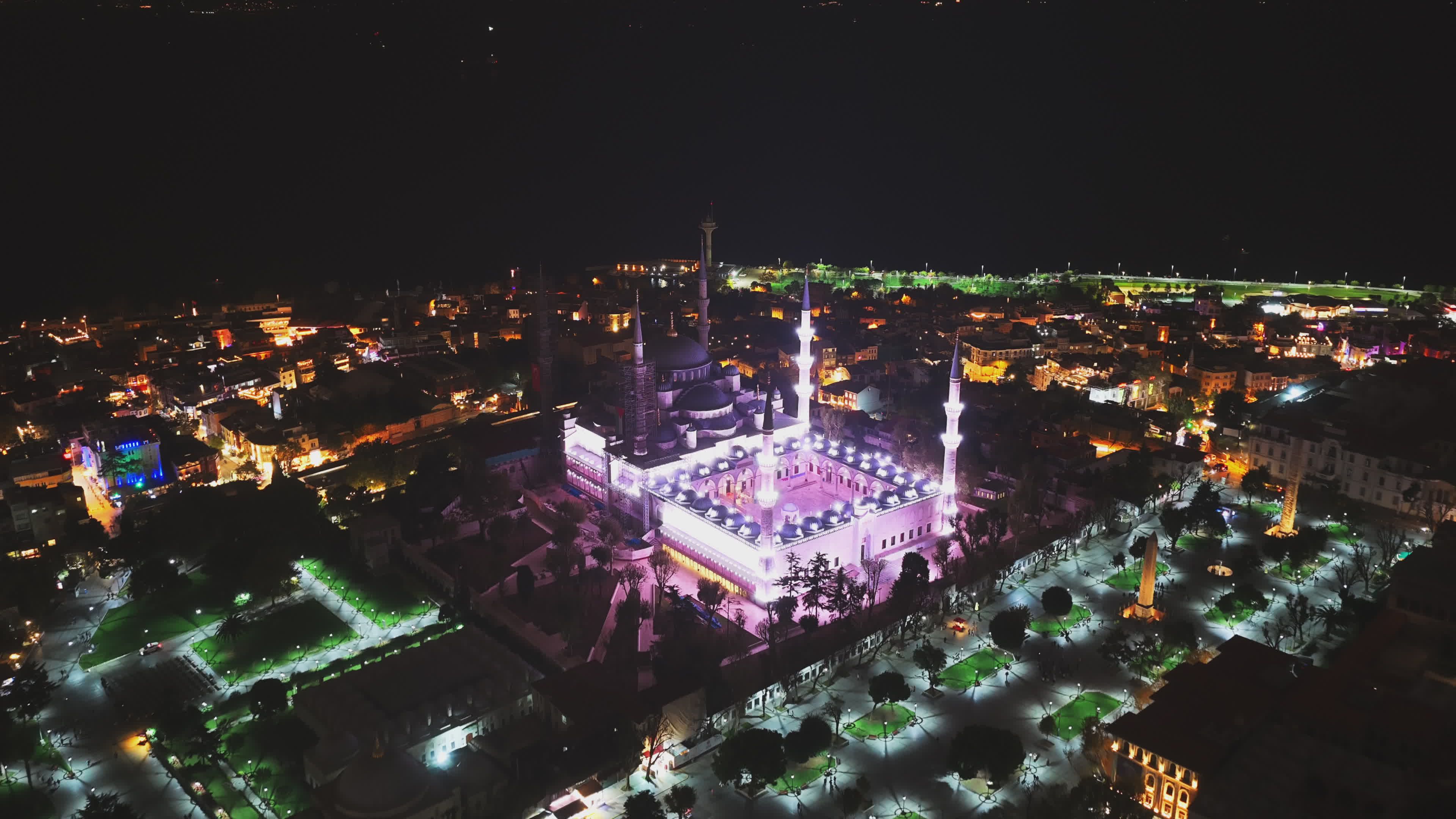 Aerial Night View of Illuminated Mosque in Istanbul Free Stock Video ...