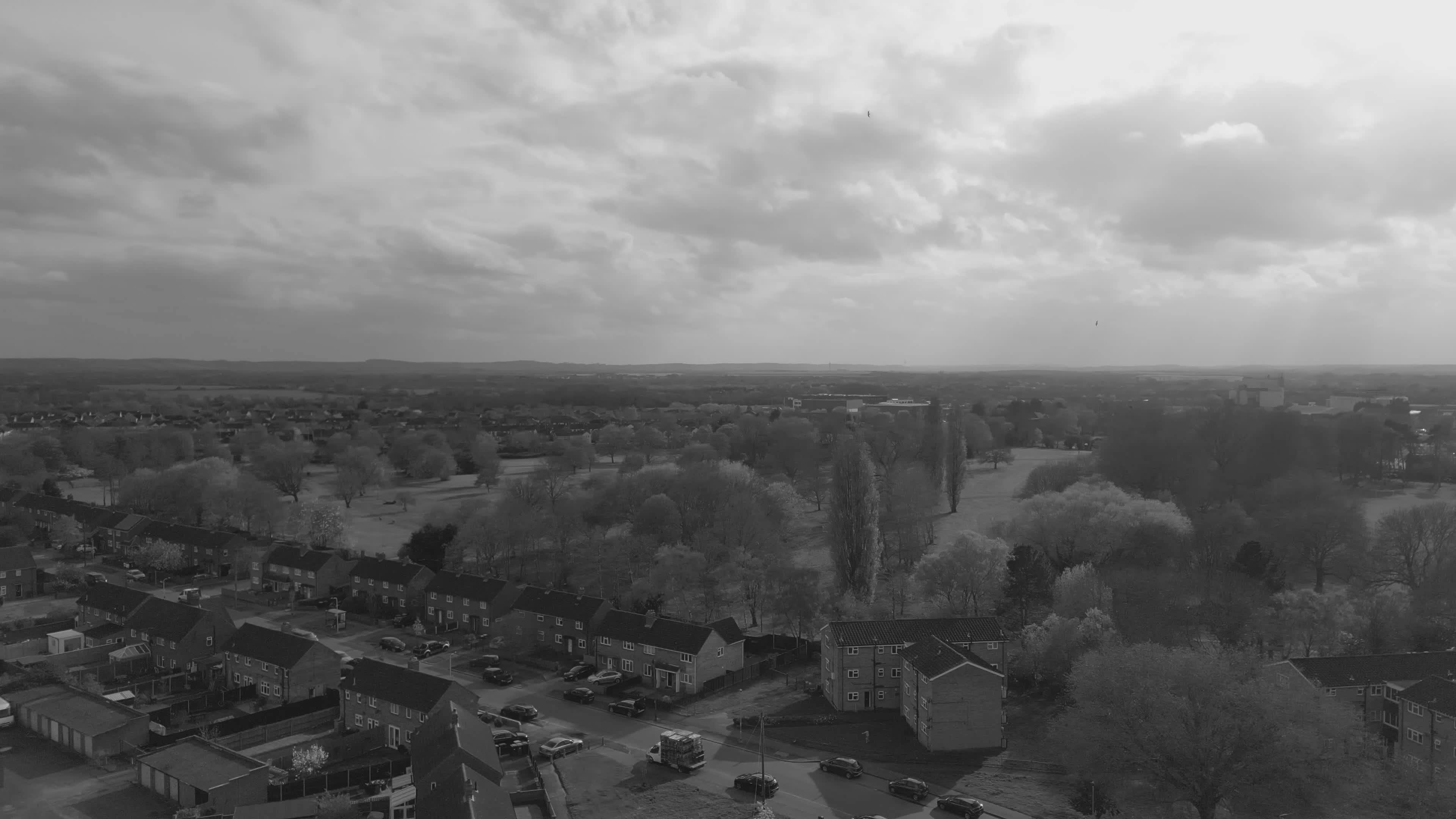 aerial view of peaceful suburban neighborhood 34448156