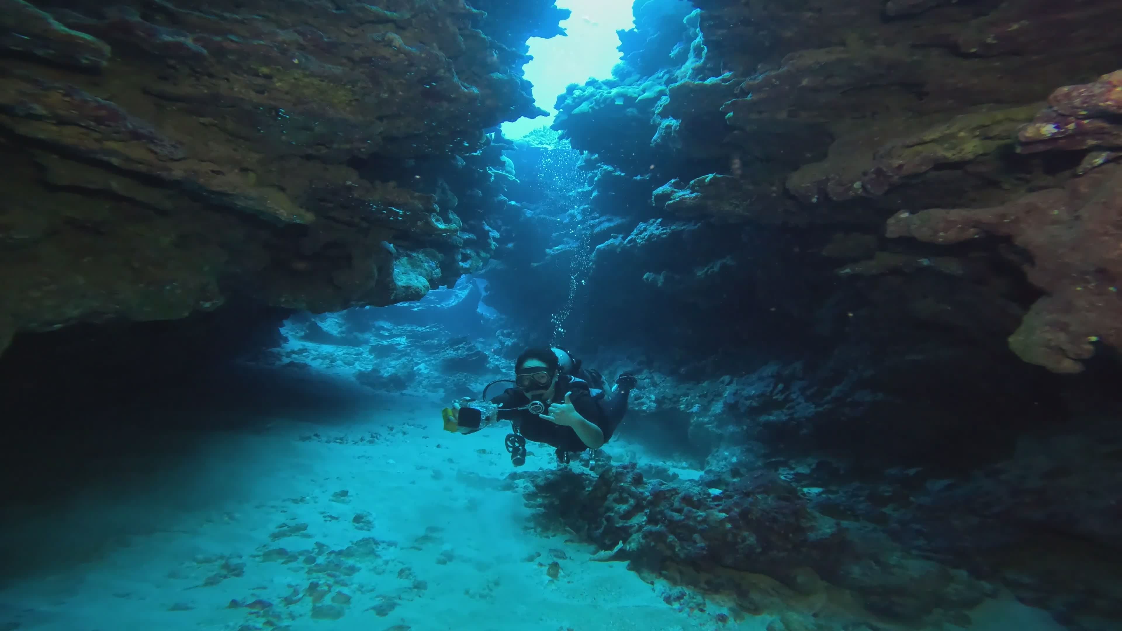 Scuba Diver Exploring Vibrant Coral Reef Cavern Free Stock Video ...