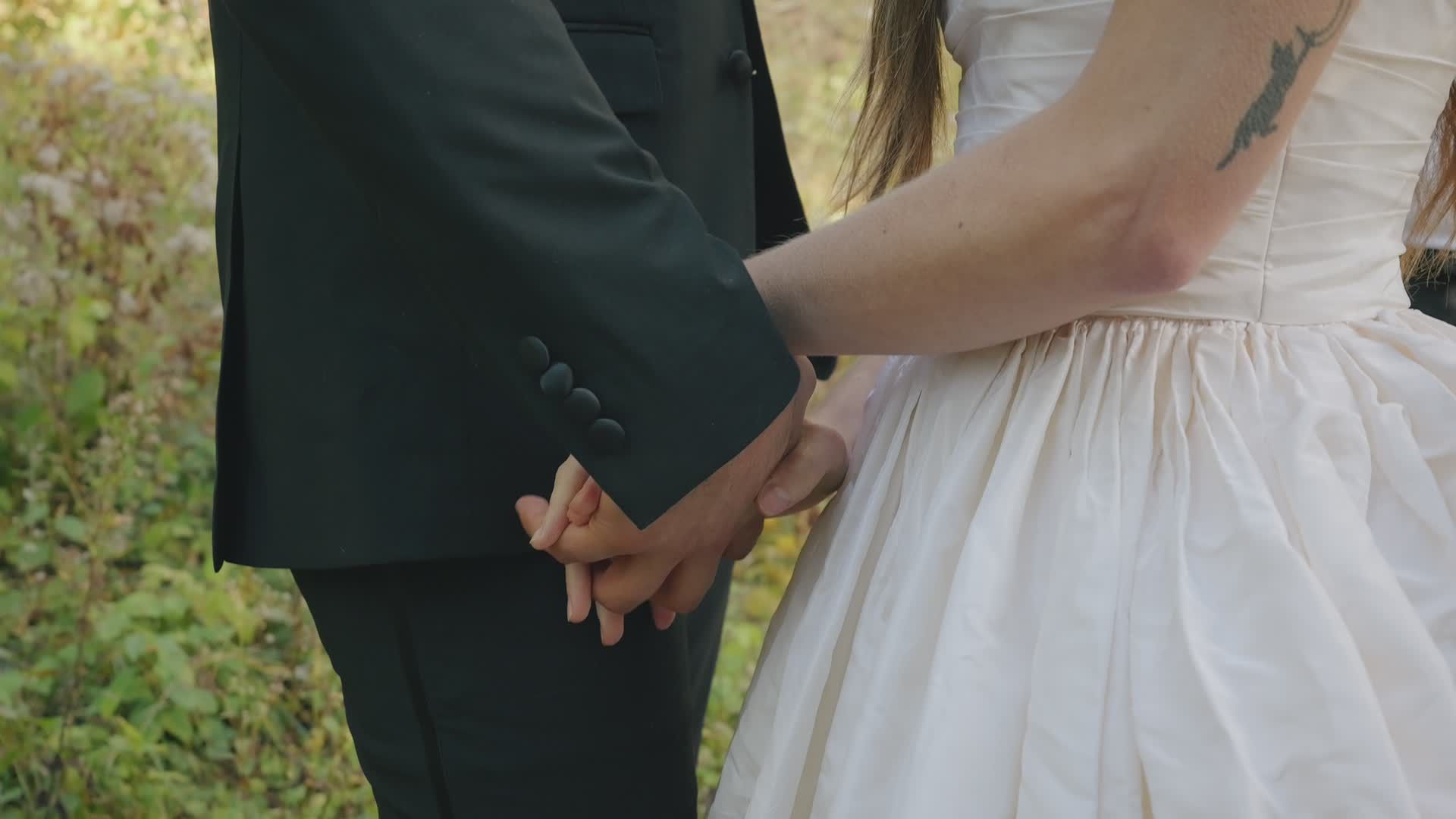 Romantic Wedding Couple Holding Hands Outdoors Free Stock Video Footage ...
