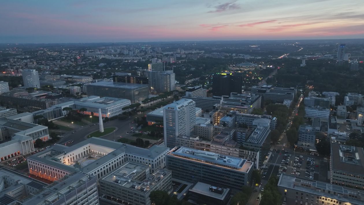 Aerial View of City Skyline at Twilight Free Stock Video Footage ...