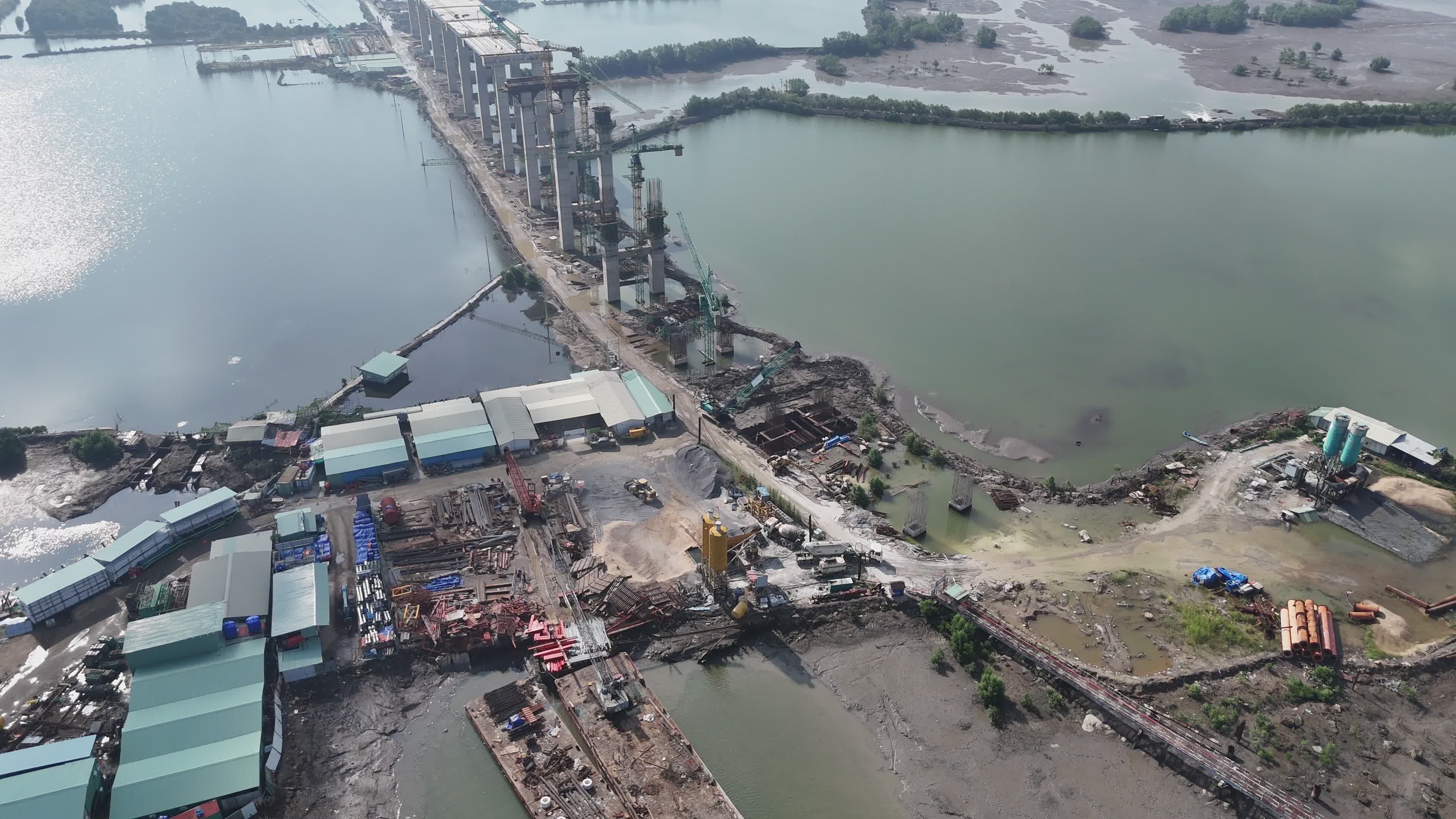 Aerial View of a Large Bridge Construction Site Free Stock Video ...