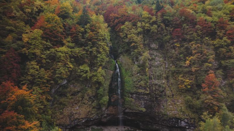 Scenic aerial view of autumn waterfall forest