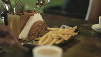 cozy cafe setting with coffee and fries