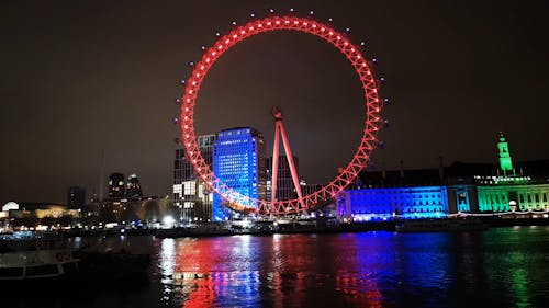 City Waterfront With Illuminated Colorful Lights