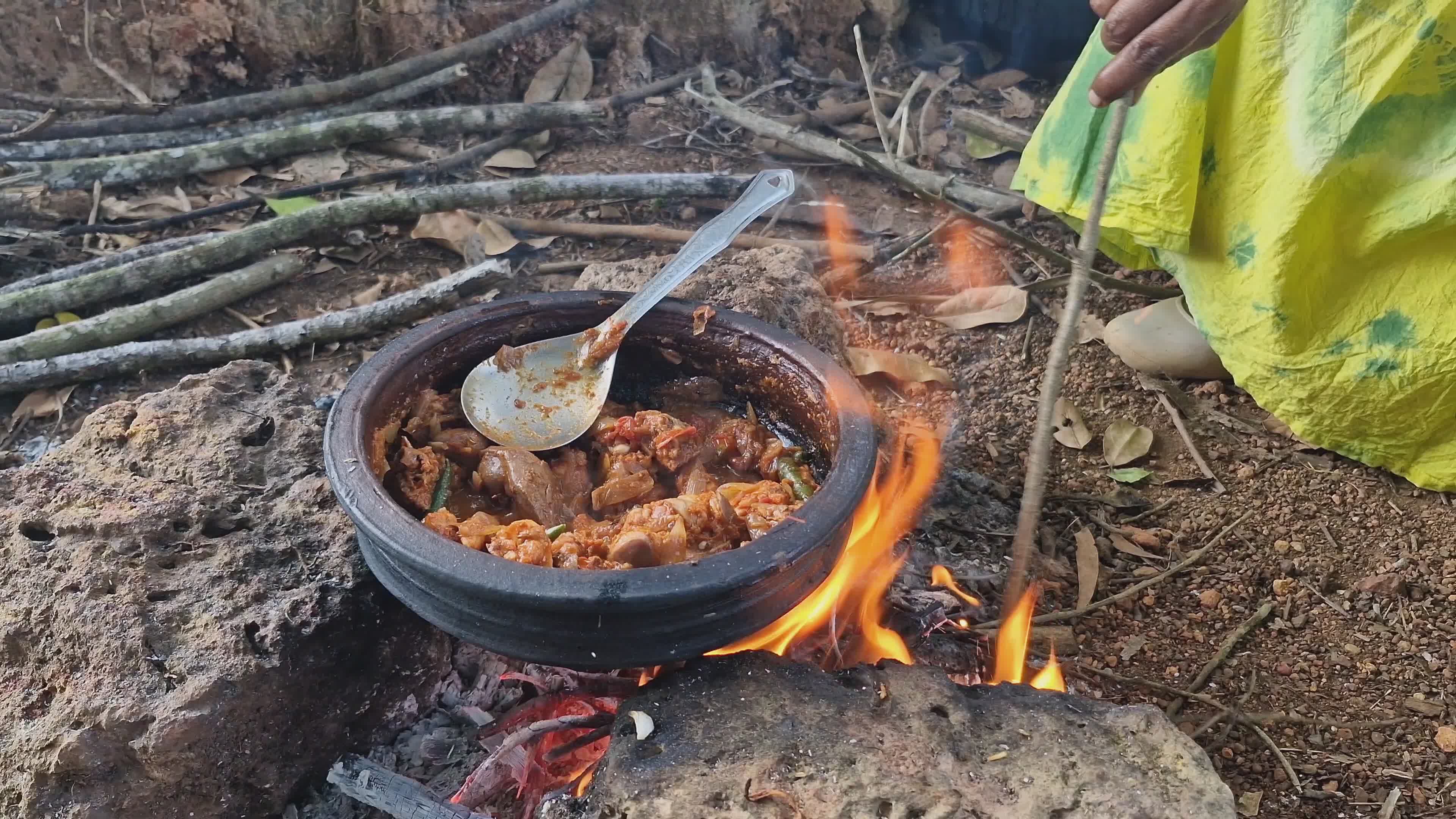 Rural Cooking: Traditional Open Fire Chicken Dish Free Stock Video ...