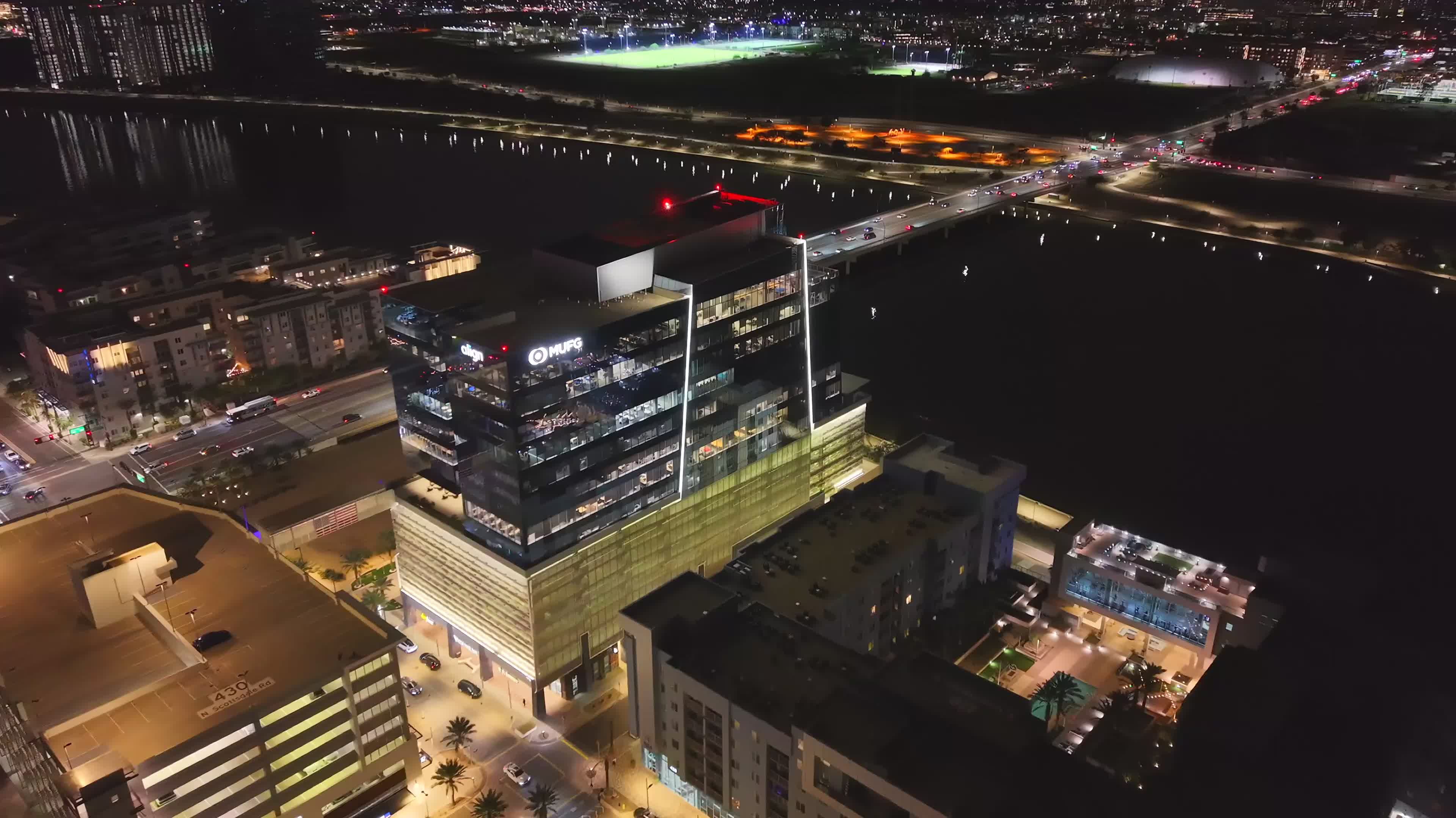 Aerial Night View of Urban Skyline with Bridge Free Stock Video Footage ...