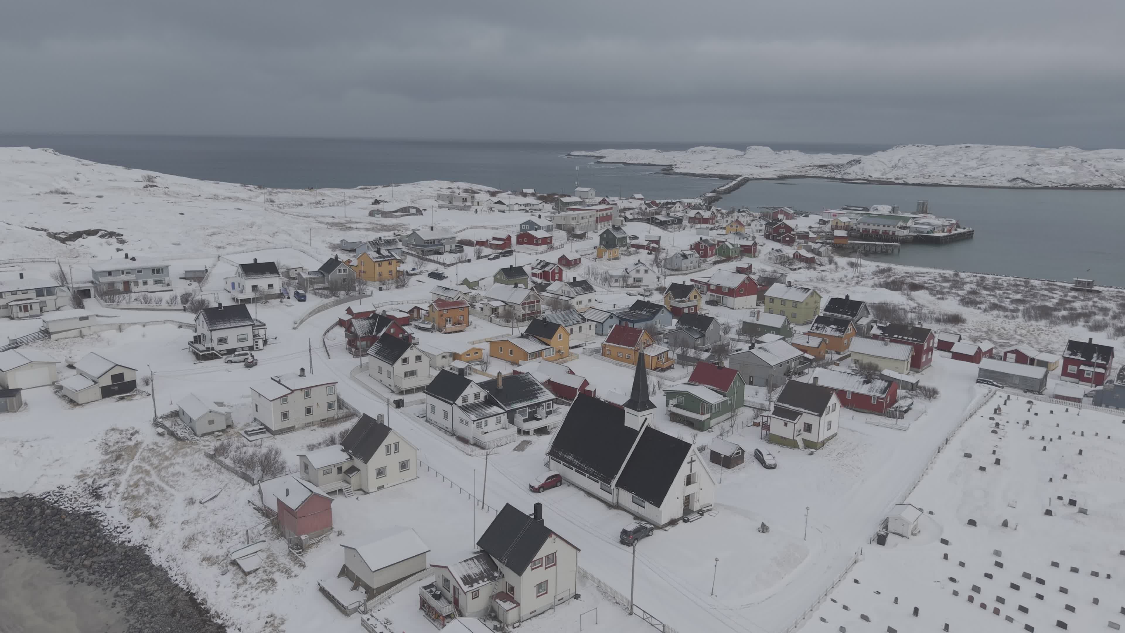 Aerial View of Snow-Covered Nordic Coastal Village Free Stock Video ...