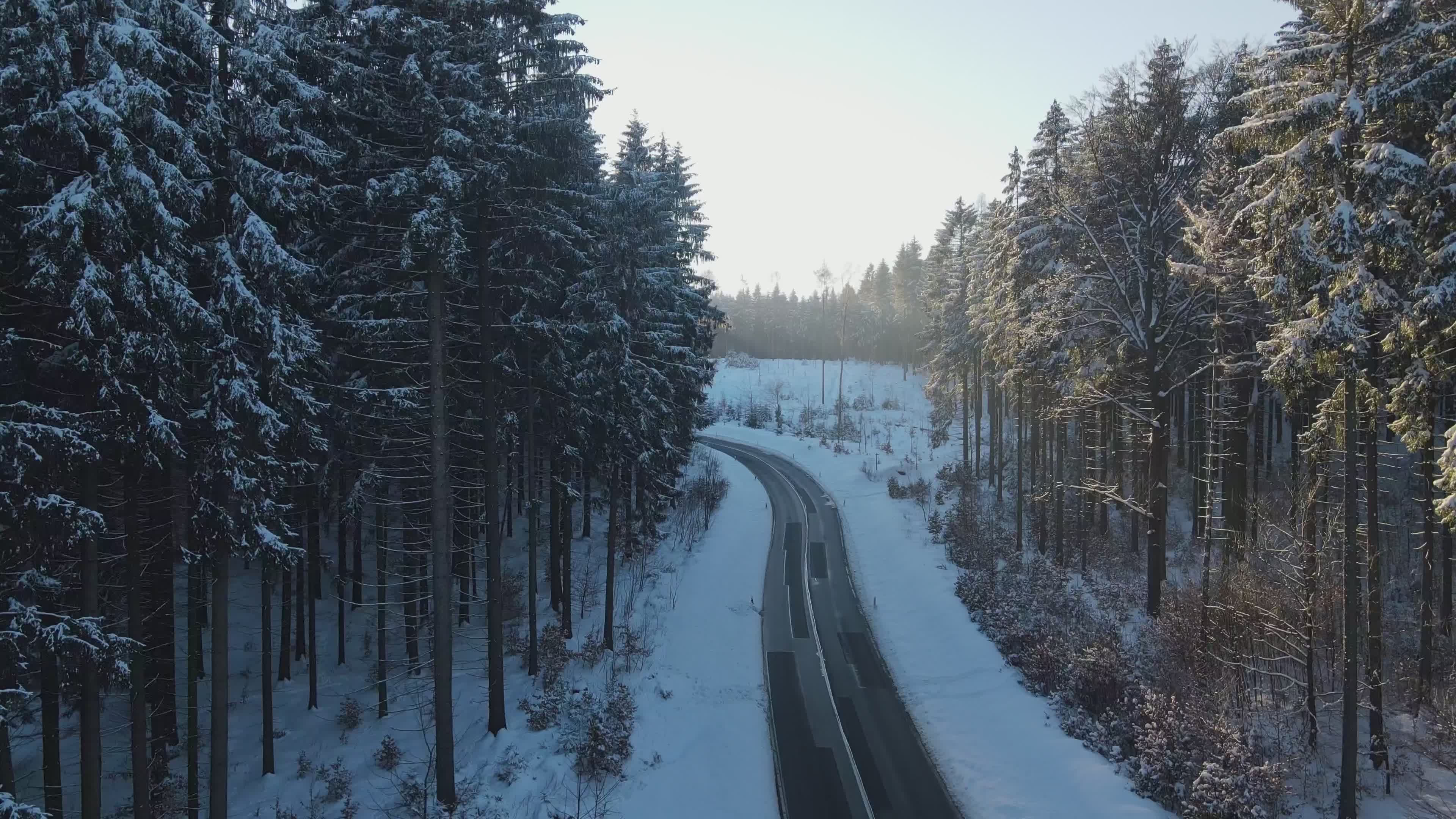Snowy Forest Road Drone View in Winter Landscape Free Stock Video ...