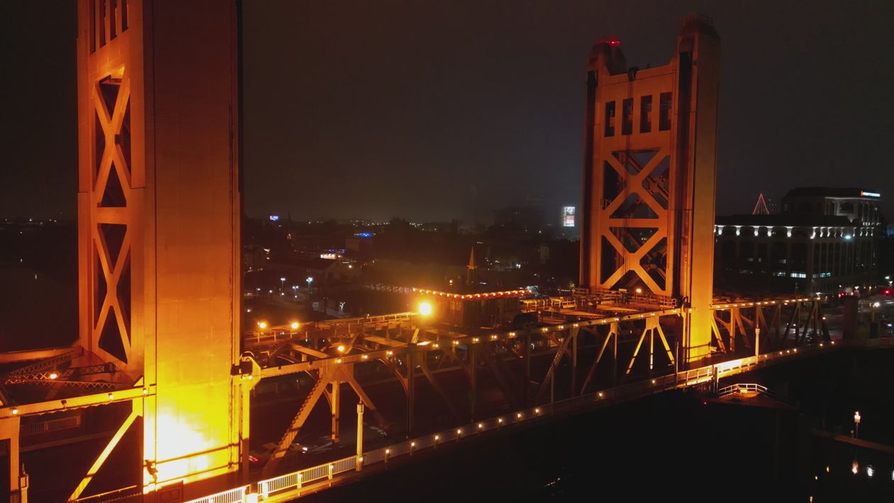 Tower Bridge Illuminated at Night in Sacramento Free Stock Video ...