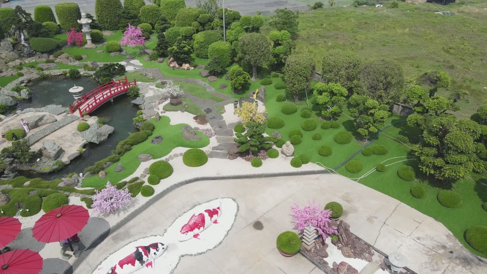 Cinematic aerial of a professionally designed landscape