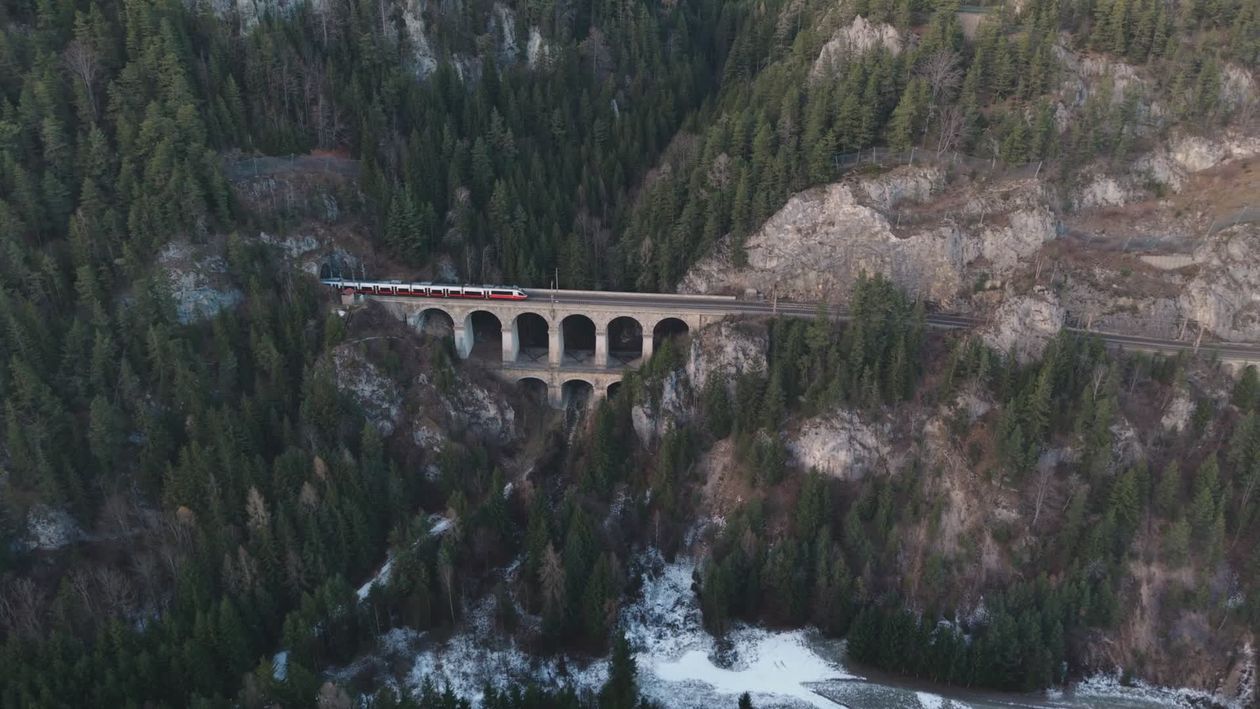 Drone View of Historic Alpine Viaduct in Winter Free Stock Video ...