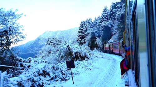 火车在冬天在山腰上旅行