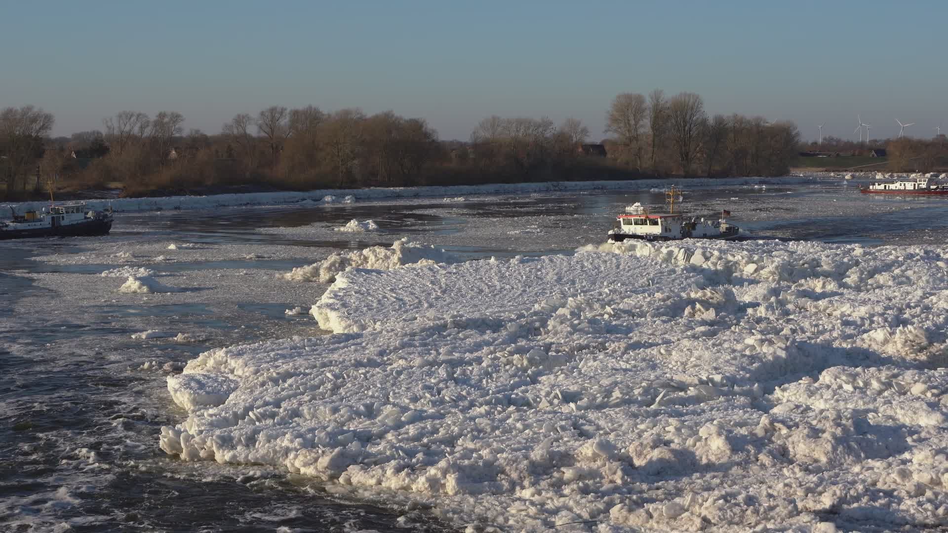 Icy River with Icebreaker in Winter Landscape Free Stock Video Footage ...