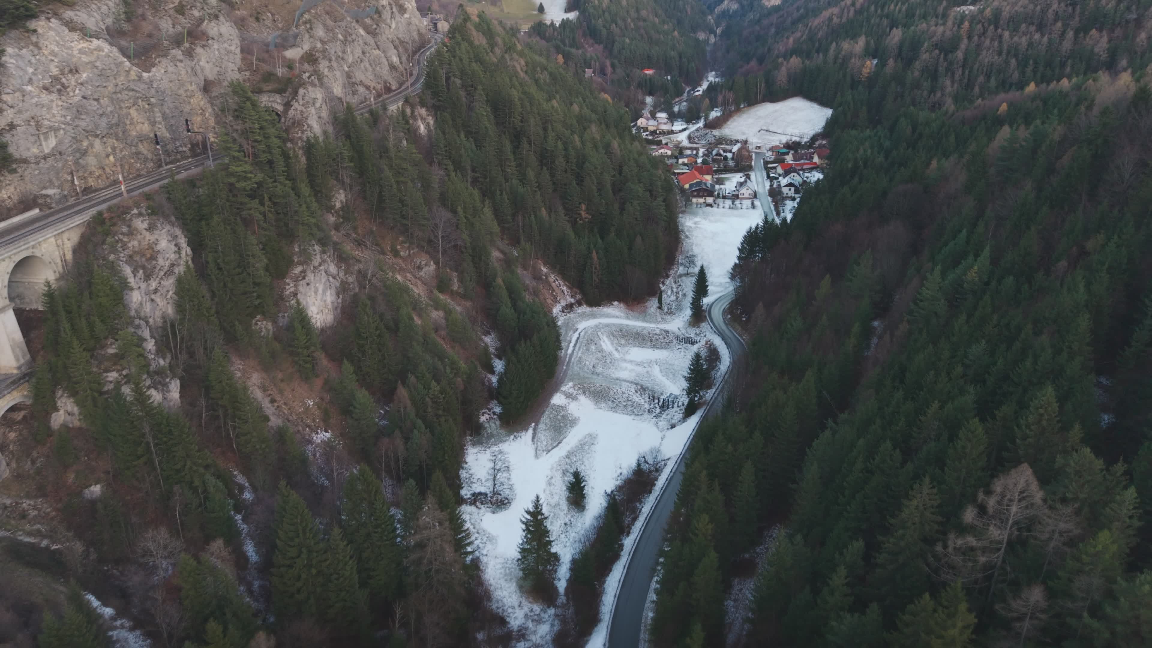 Snowy Alpine Village Aerial View in Winter Free Stock Video Footage ...