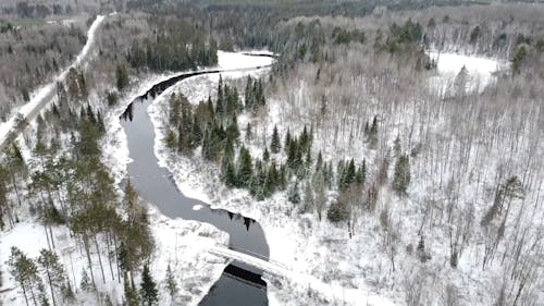 Un Ponte Sul Fiume Foresta Coperto Di Neve