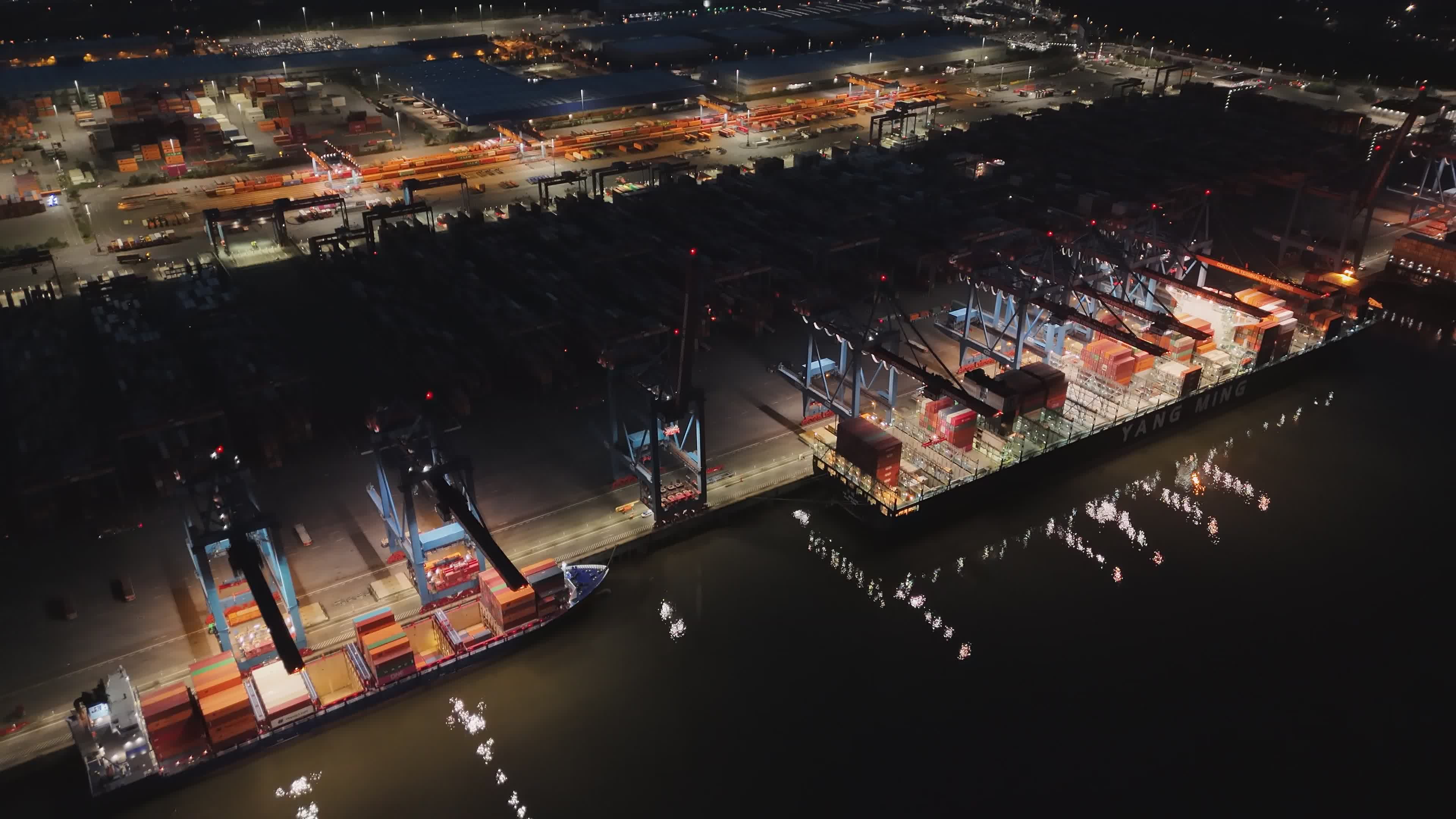 Aerial Night View of Bustling Cargo Port Free Stock Video Footage ...