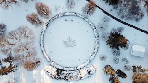 雪に覆われた地面のドローンビュー