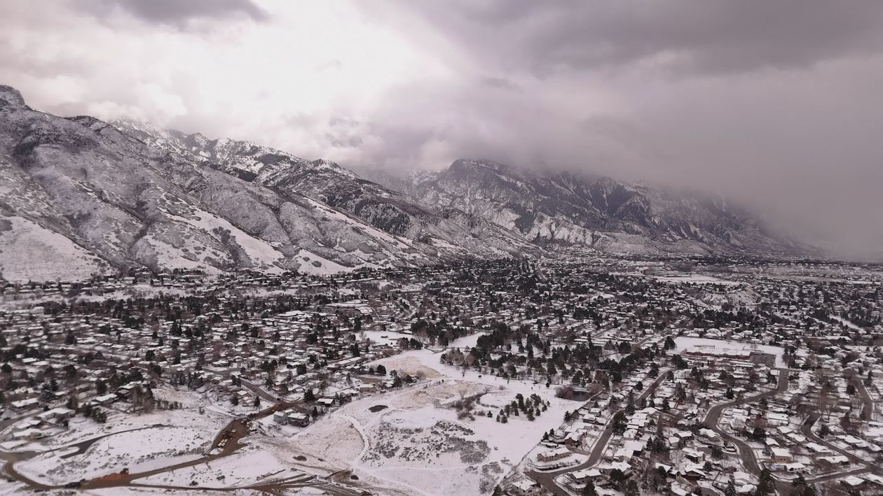 Winter Aerial View of Snowy Mountain Townscape Free Stock Video Footage ...