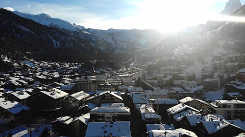 Drone Footage Of A Mountain Town Famous For Skiing Resorts