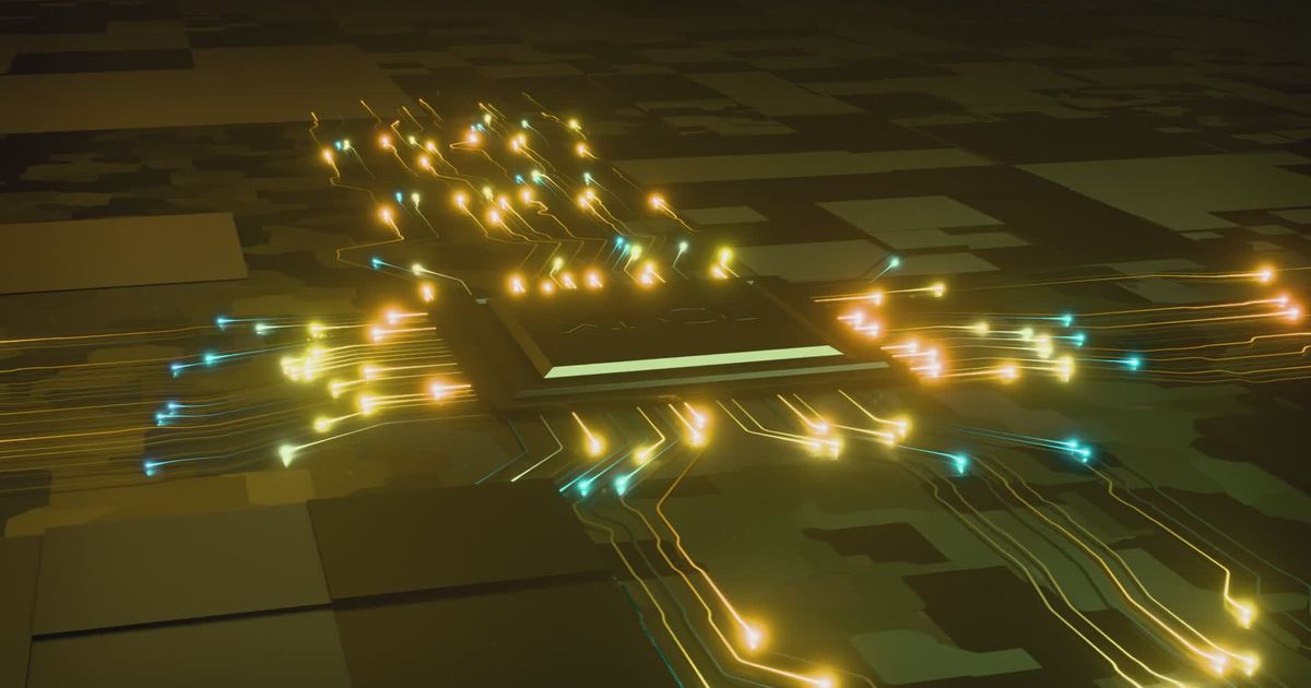 futuristic circuit board with glowing microchip 36382300