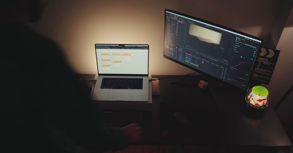 Dual Screen Video Nighttime Video Editing Setup with Dual Screens Free Stock Video ...