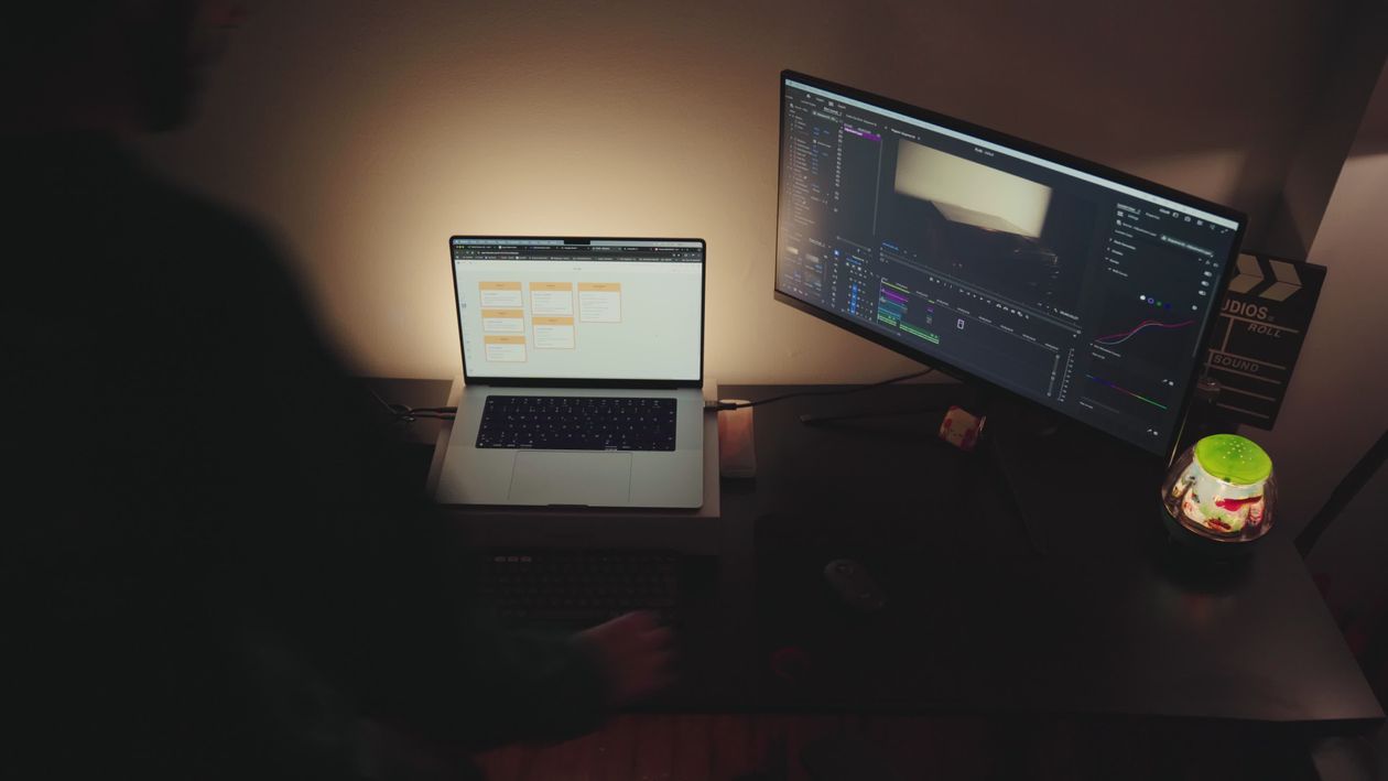Dual Screen Video Nighttime Video Editing Setup with Dual Screens Free Stock Video ...