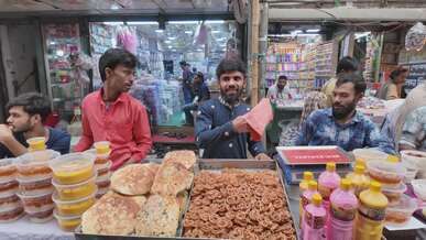 vibrant street market with food vendors