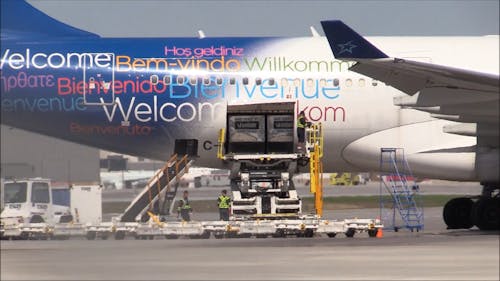 Ground Handling Activities On An Airplane Docked In Montreal Aiirport