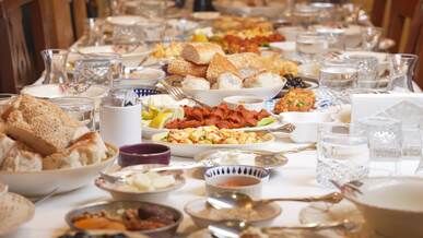 festive dinner spread with traditional dishes