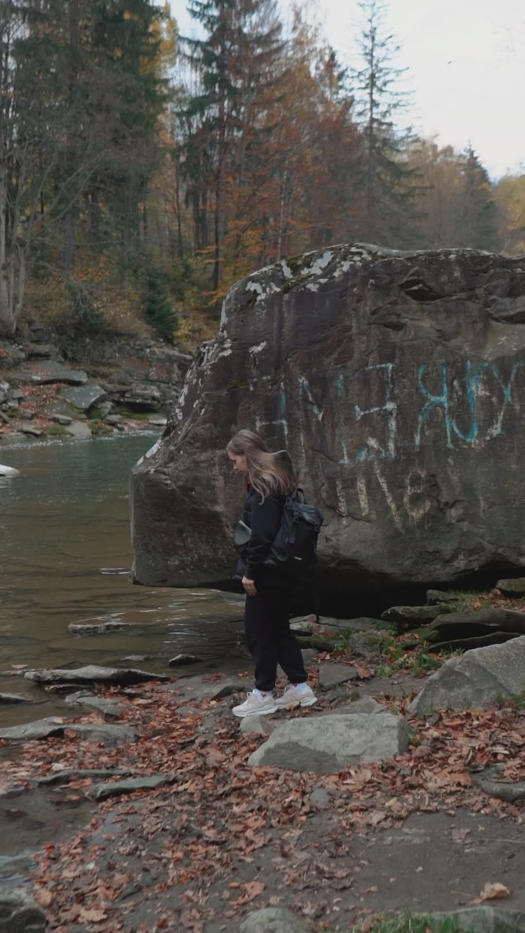Autumn Walk by Riverside with Graffiti Rock Free Stock Video Footage ...