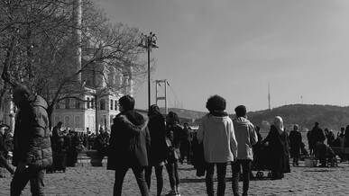 crowded street scene near istanbul landmark