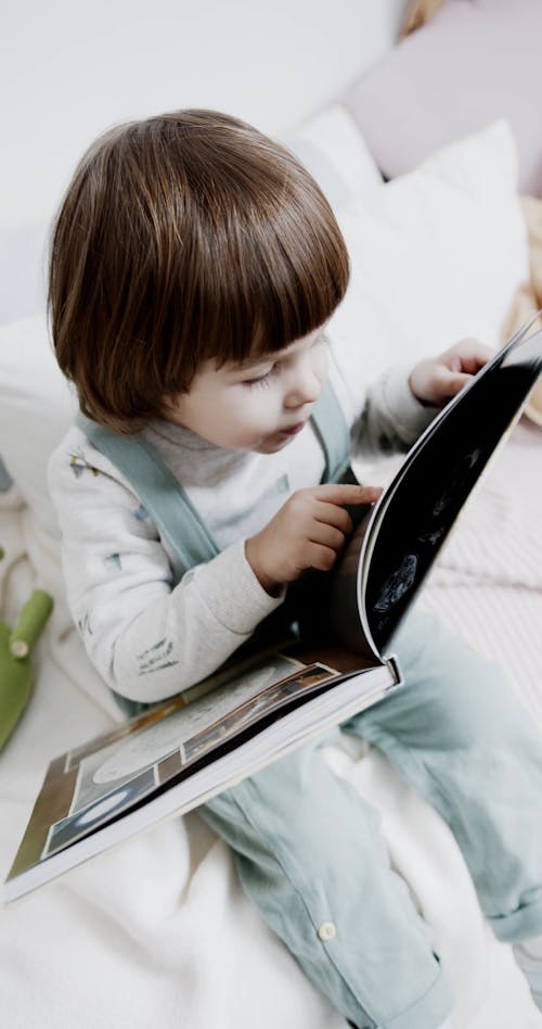 A Child Is Looking At Printed Pictures In A Book