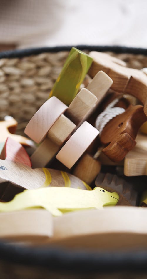 A Young Girl Choosing A Wooden Animal Toys From The Toy Basket