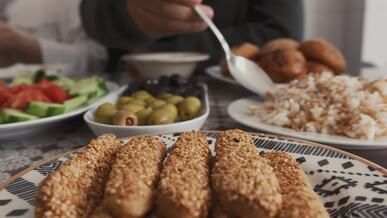 traditional middle eastern feast with olives and rice