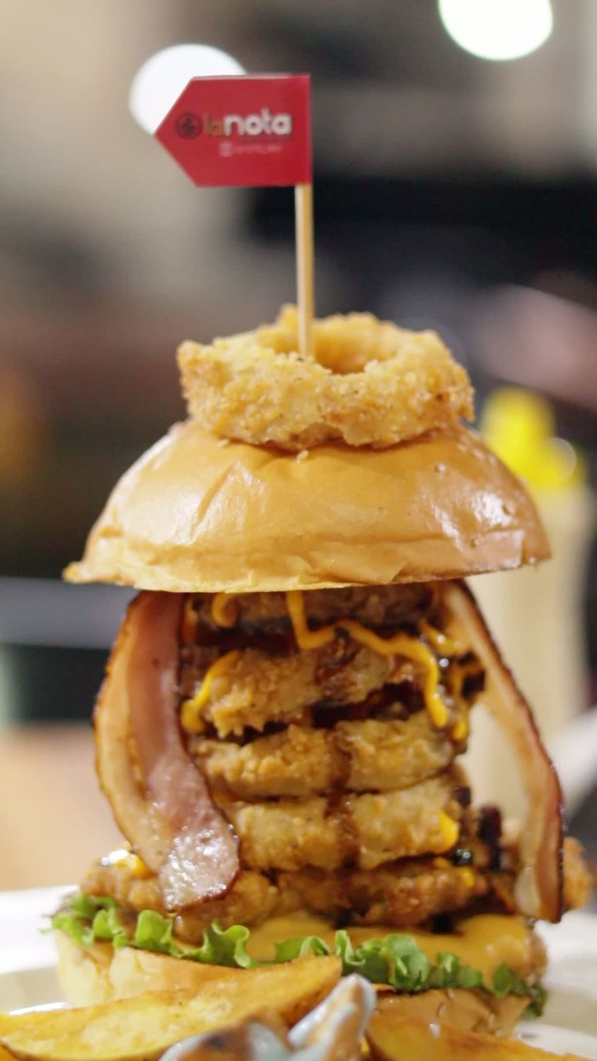 Burger Rings Stack Delicious Stack Burger with Bacon and Onion Rings Free Stock Video ...