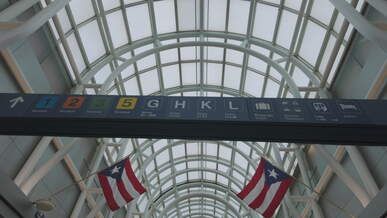 bustling airport terminal with global flags